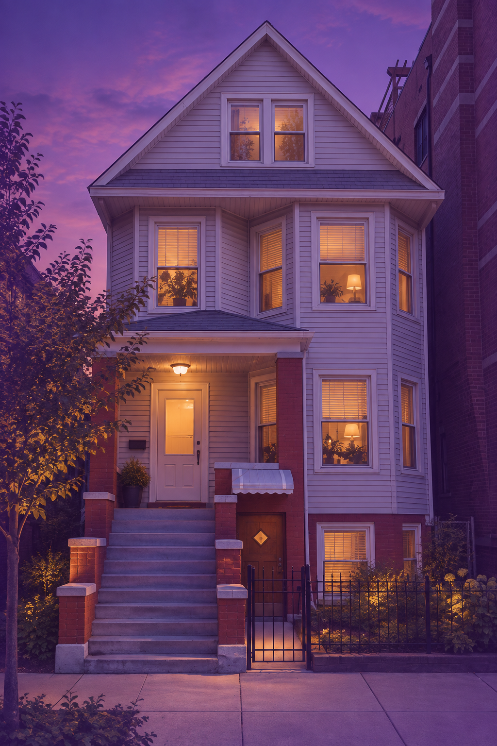 Merica's real Chicago house, warmly lit at dusk